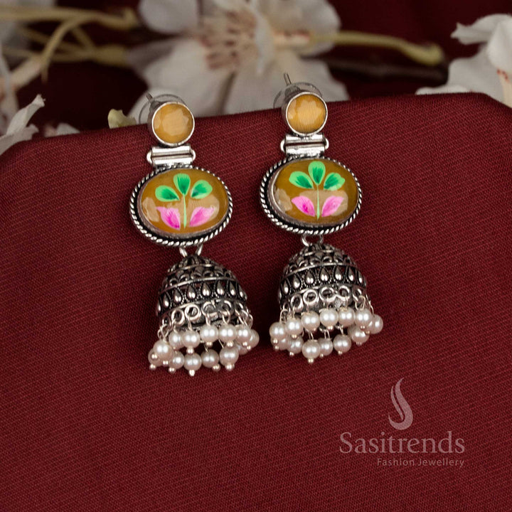Sunray hand-painted oxidised yellow Monalisa oval stone jhumka earrings, crafted for Navaratri and festive celebration wear – Sasitrends