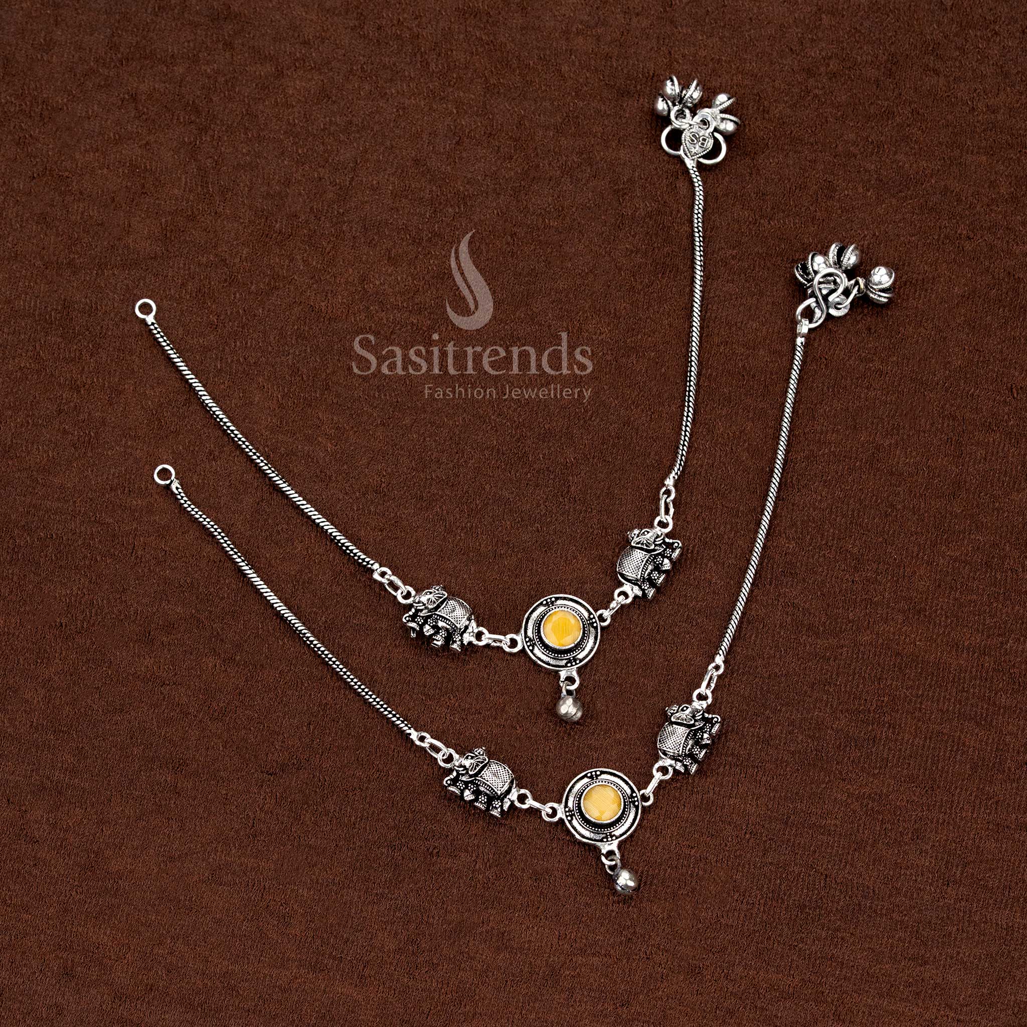 Sunbeam yellow oxidised Monalisa stone elephant anklets featuring circular patterns for lively cultural festivities – Sasitrends