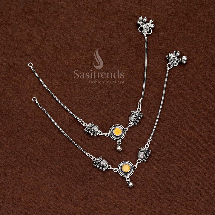 Captivating Oxidised Monalisa Stone Elephant Anklets with Circular Motifs for Festive and Cultural Celebrations