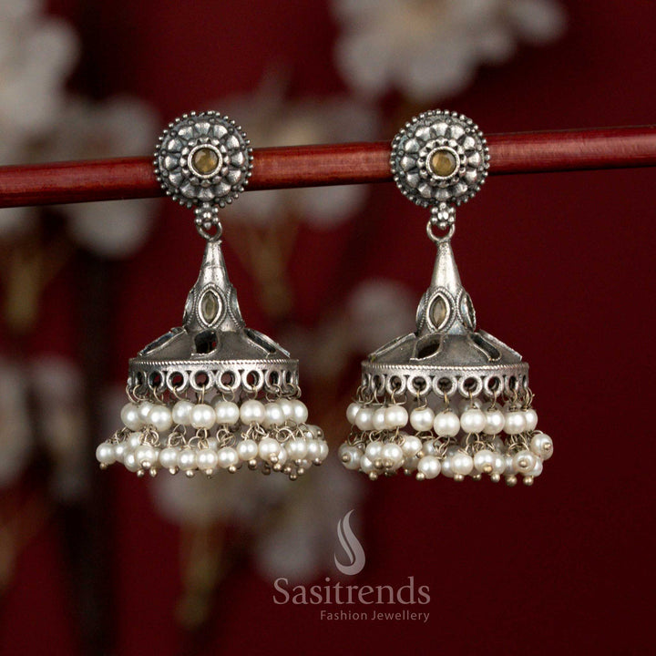 Sunlit yellow oxidised 92.5 silver round floral dome jhumka earrings with pearl drops for ethnic occasions - jewellery - Sasitrends
