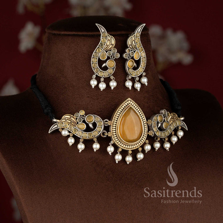 Sunlit yellow antique oxidised peacock pearl choker jewellery set for bright occasions – Sasitrends