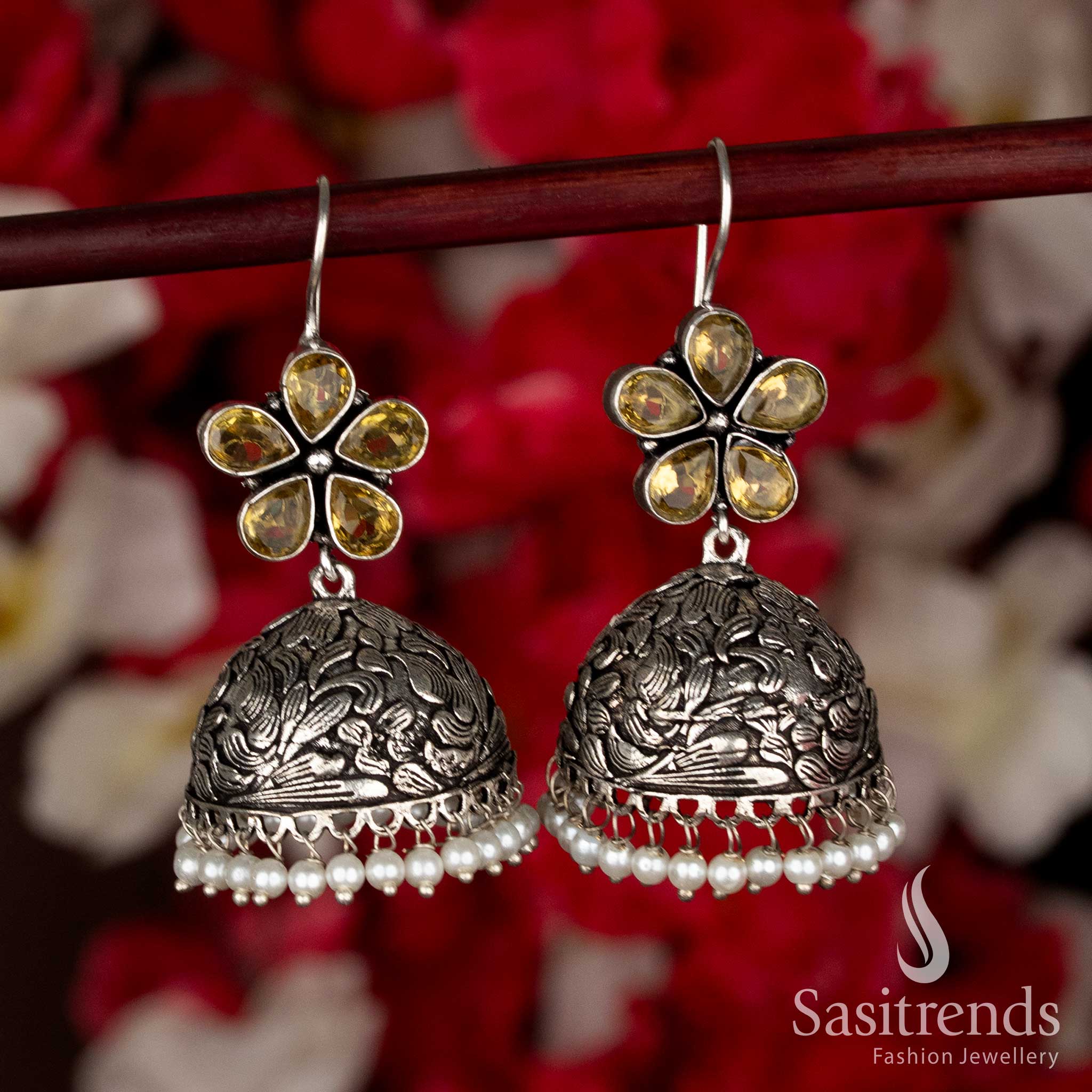 Sophisticated Dark Yellow Party Oxidised Floral Jhumka Earrings with Pearl Drops and Fish-Hook Closure for Black Saree Navaratri Styling-Sasitrends