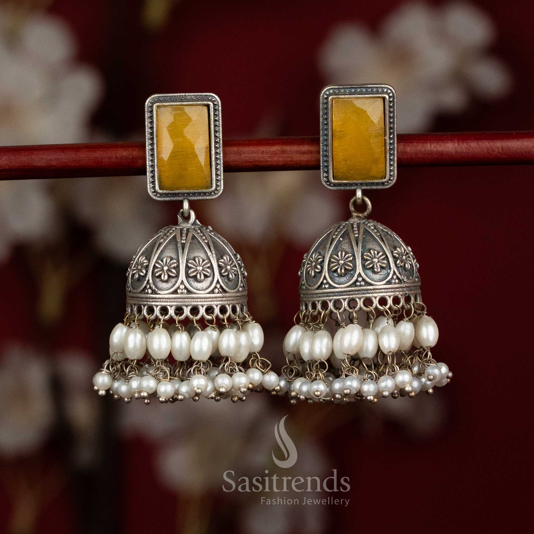 Golden zest oxidised 92.5 silver rectangular stud floral dome jhumka earrings with monalisa stones and rice pearls for festive party - jewellery - Sasitrends
