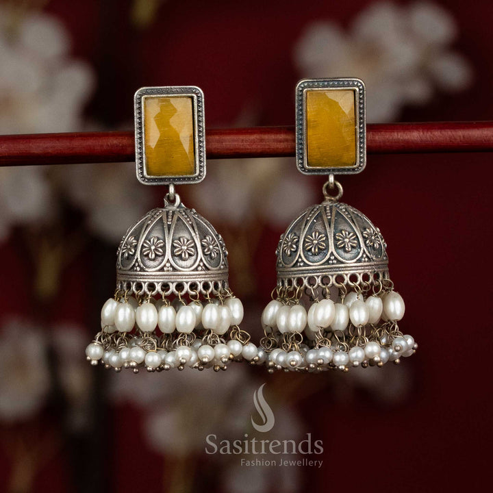 Golden zest oxidised 92.5 silver rectangular stud floral dome jhumka earrings with monalisa stones and rice pearls for festive party - jewellery - Sasitrends