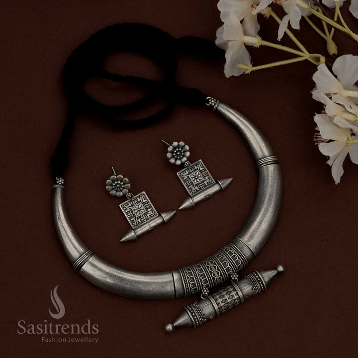 Exquisite 92.5 Silver Oxidised Plated Floral Tribal Necklace Jewellery Set folk dance events Sasitrends