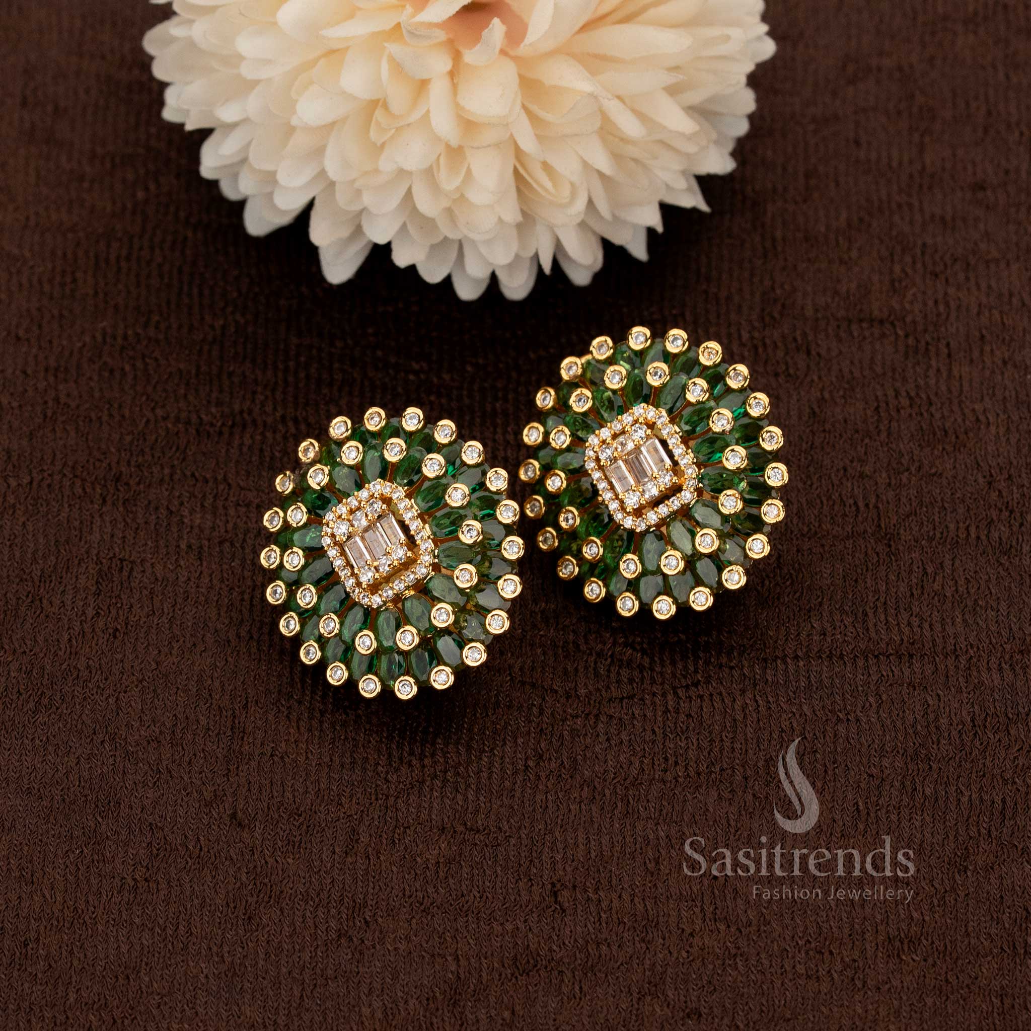 Gorgeous American diamond gold plated floral stud earrings enhanced with emerald green stones – Sasitrends