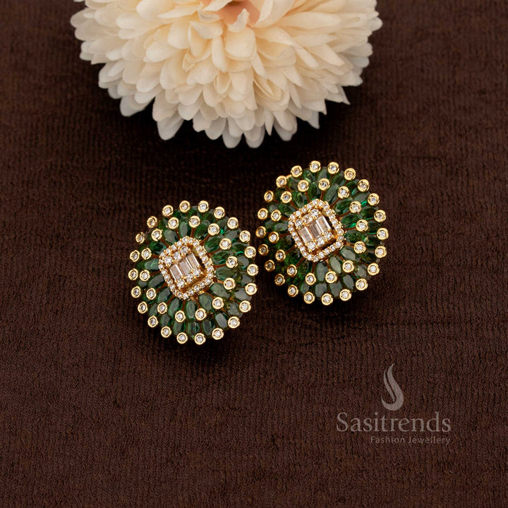 Gorgeous American diamond gold plated floral stud earrings enhanced with emerald green stones – Sasitrends
