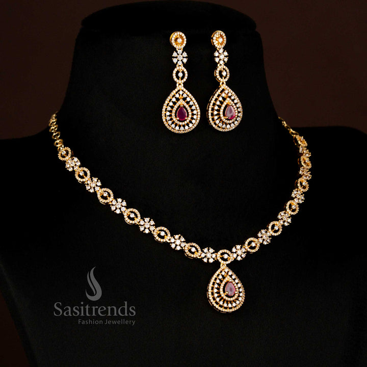 Stunning American Diamond gold plated teardrop short ruby necklace jewellery set made for wedding glam and grand festive evenings – Sasitrends