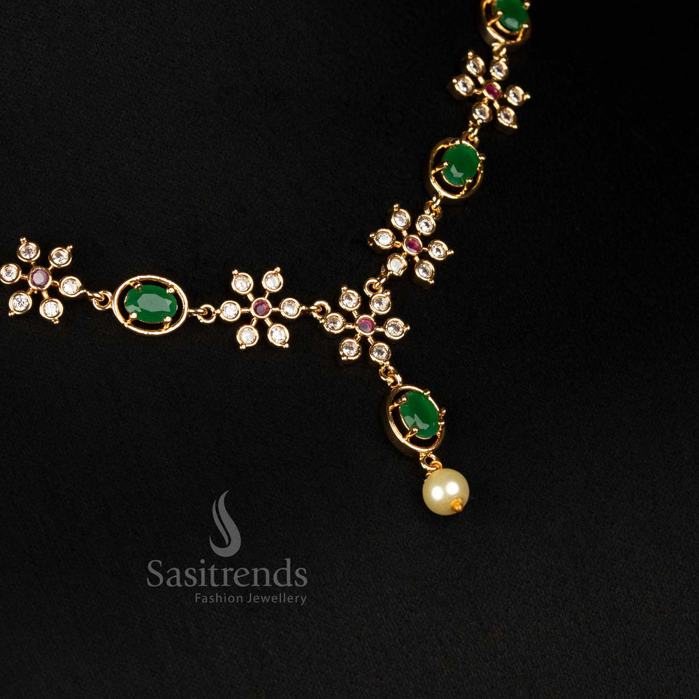 Vibrant Multi Colour American Diamond Micro Gold Plated Oval And Floral Stone Design Necklace Jewellery Set With Mixed Hue Accents And Rich Festive Lustre - Sasitrends