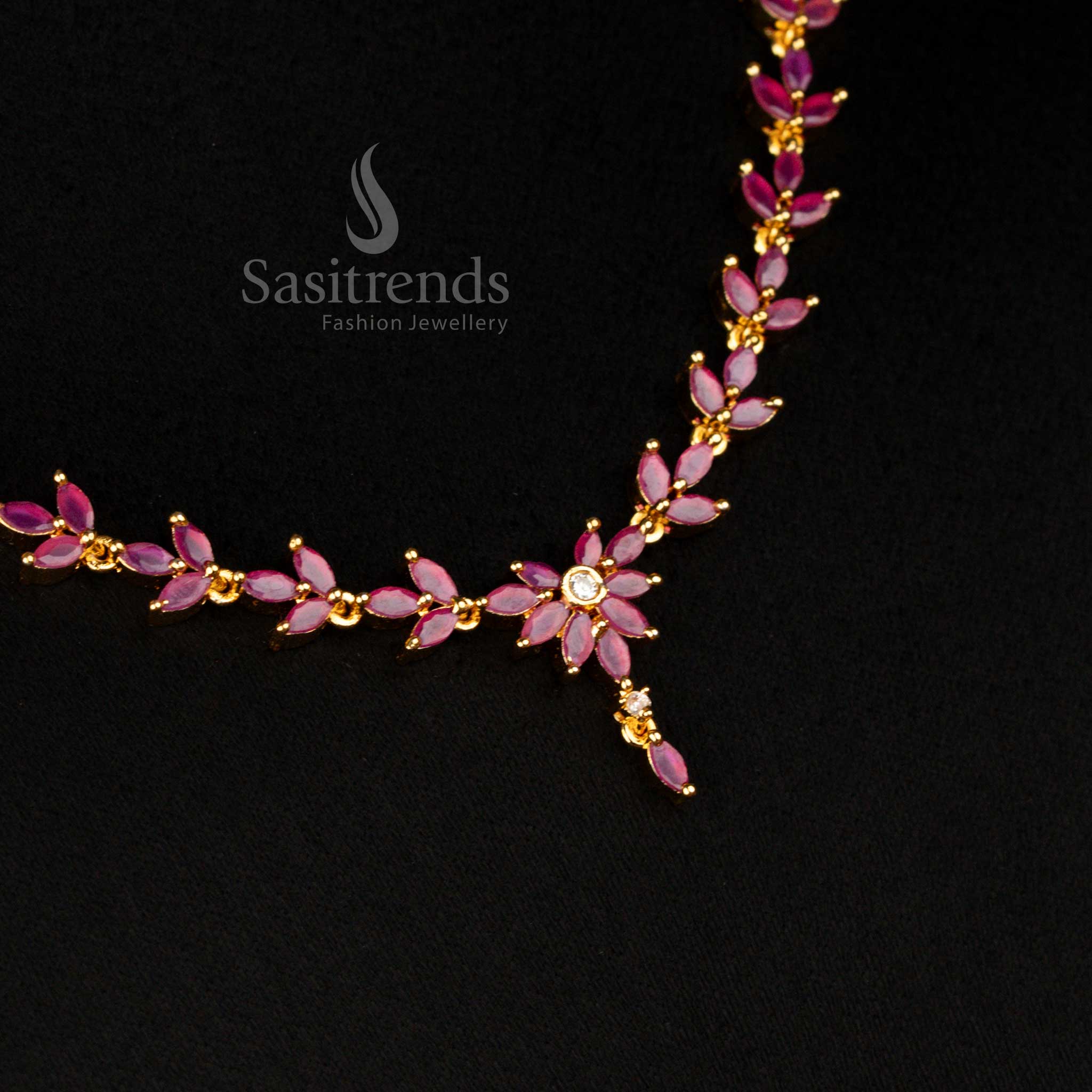 Regal American diamond micro gold plated ruby necklace jewellery set glowing with crimson splendour for grand party wear - Sasitrends