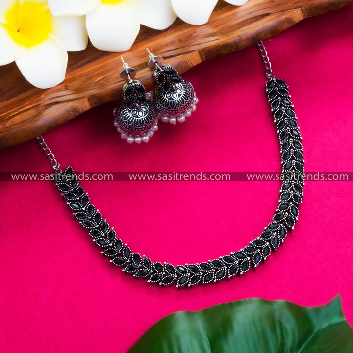 Elegant Oxidised Stones Jewellery Set with Leaf Motifs - Sasitrends - Sasitrends