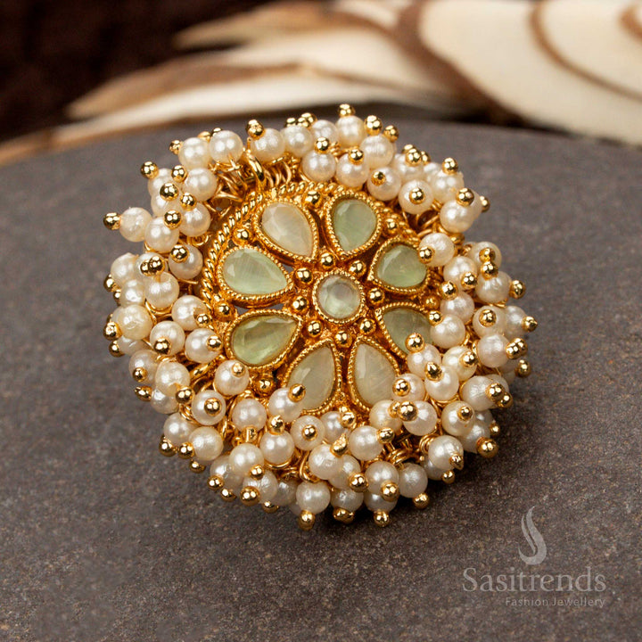 Grand and ornate antique gold-plated fashion statement ring, boasting a white-green floral pearl cluster for a rich and unique jewellery touch - Sasitrends