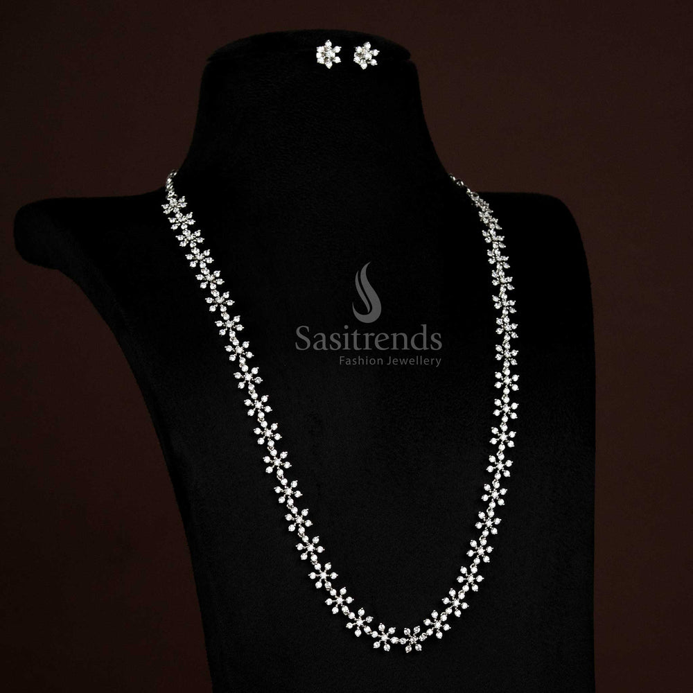Stylish American Diamond Floral Chain Long Necklace Set Micro Gold Plated With Matching Studs, A Perfect Traditional Festive Jewellery Choice For Women – Sasitrends