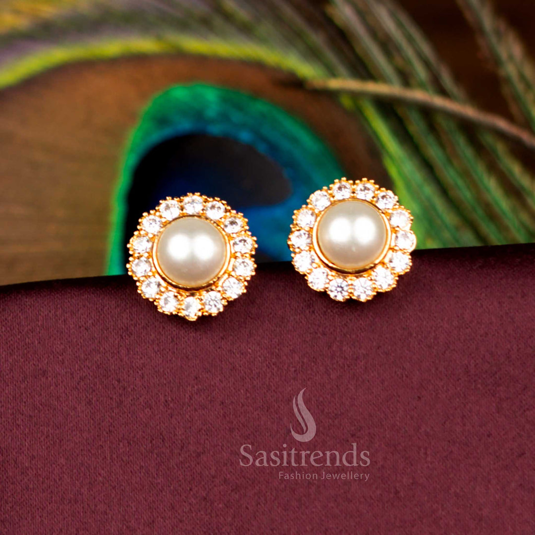 Royal One Gram Micro Gold Finish White-Pearl Floral Stud Earrings Perfect For Bridal And Cultural Occasions - Sasitrends