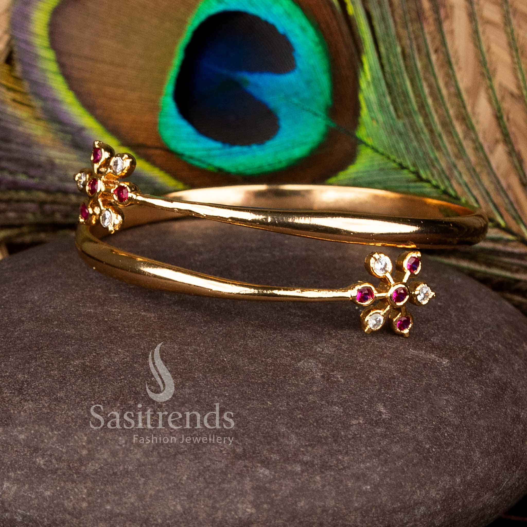 Graceful Impon micro gold plated white-ruby stone embellished floral kada bangle featuring openable fit crafted for classic festive ceremonies and ornate saree ensembles – Sasitrends