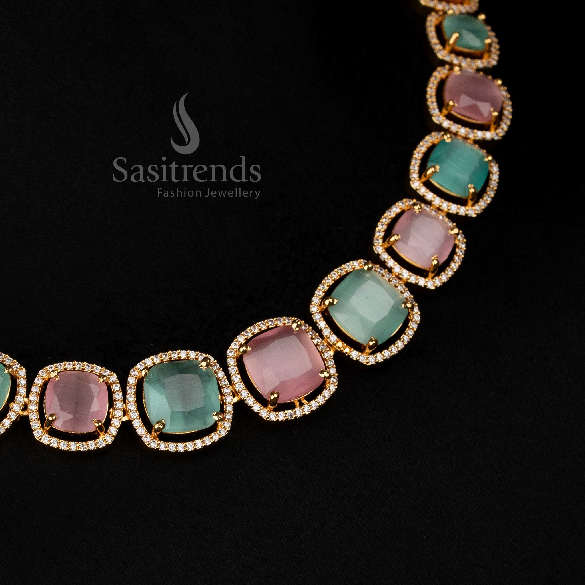 Alluring micro gold plated American Diamond pink-mint square stone necklace jewellery set ideal for festive style and cultural wear – Sasitrends