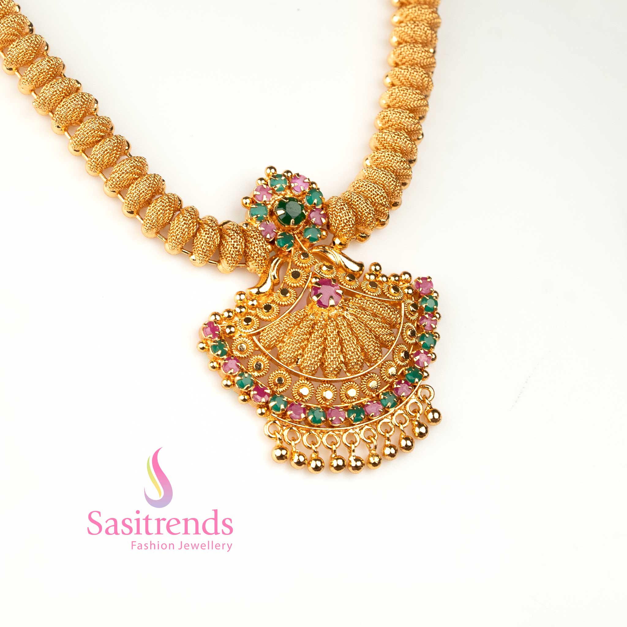 Splendid ruby-green AD stone necklace micro gold plated in one gram finish with tilak design and elegant accents for festive beauty – Sasitrends