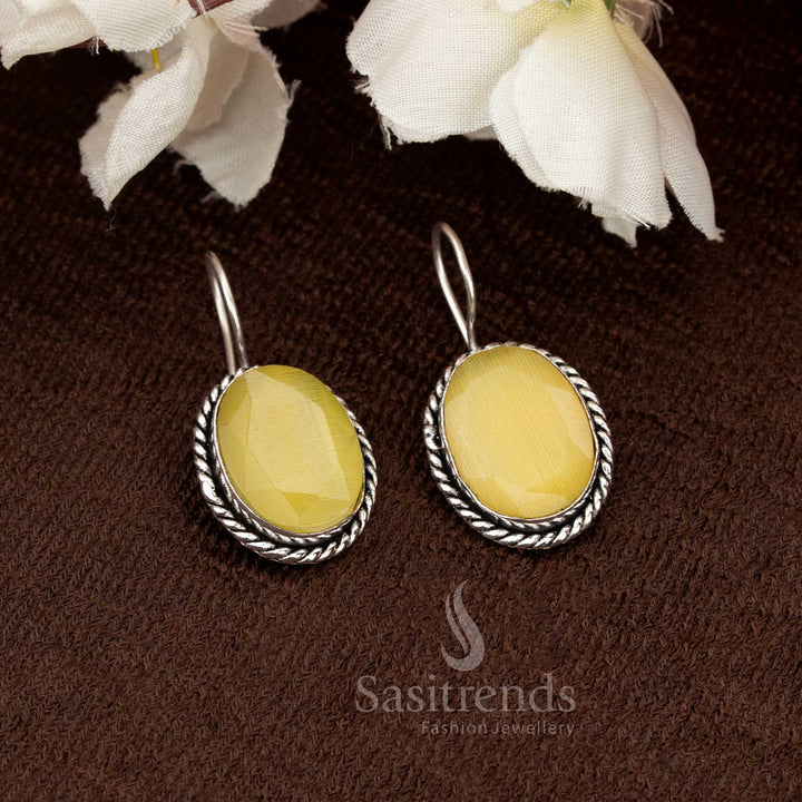 Stylish Light Yellow Oxidised Fish Hook Oval Stone Earrings crafted for everyday comfort with an artistic flair, enhancing a graceful personality — Sasitrends 