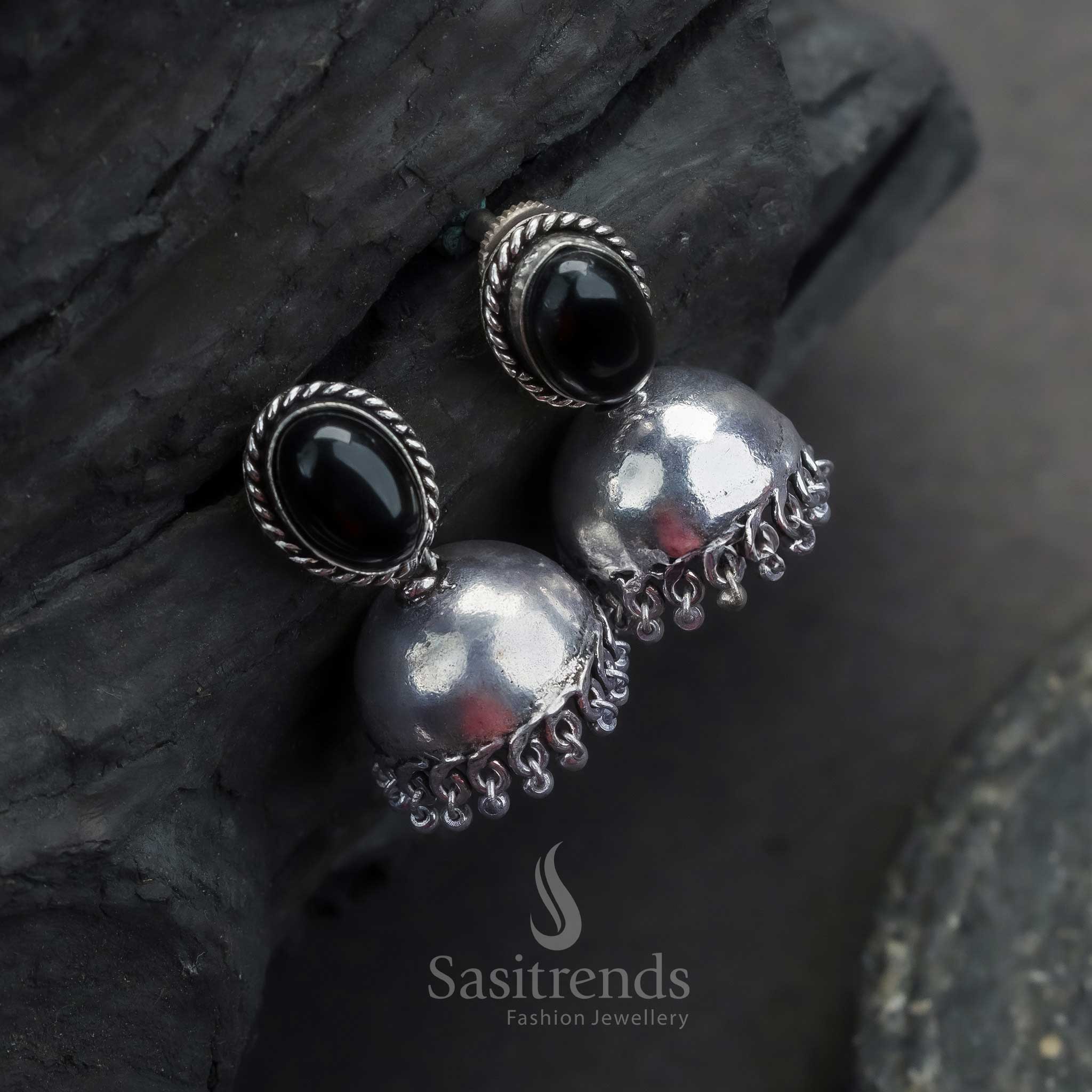 Trendy Traditional Oxidized German Silver Jhumka Earrings with Oval Monalisa Stone | Sasitrends - Sasitrends