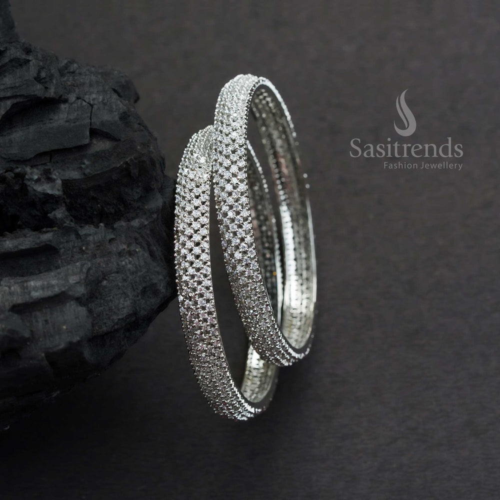 Chic Rhodium Silver Plated Bangles With White American Diamond Stones And Sparkling Polished Look Jewellery - Sasitrends