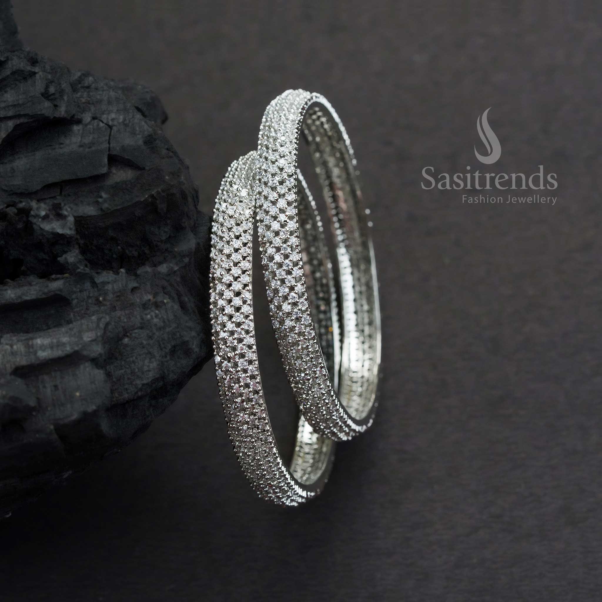Chic Rhodium Silver Plated Bangles With White American Diamond Stones And Sparkling Polished Look Jewellery - Sasitrends