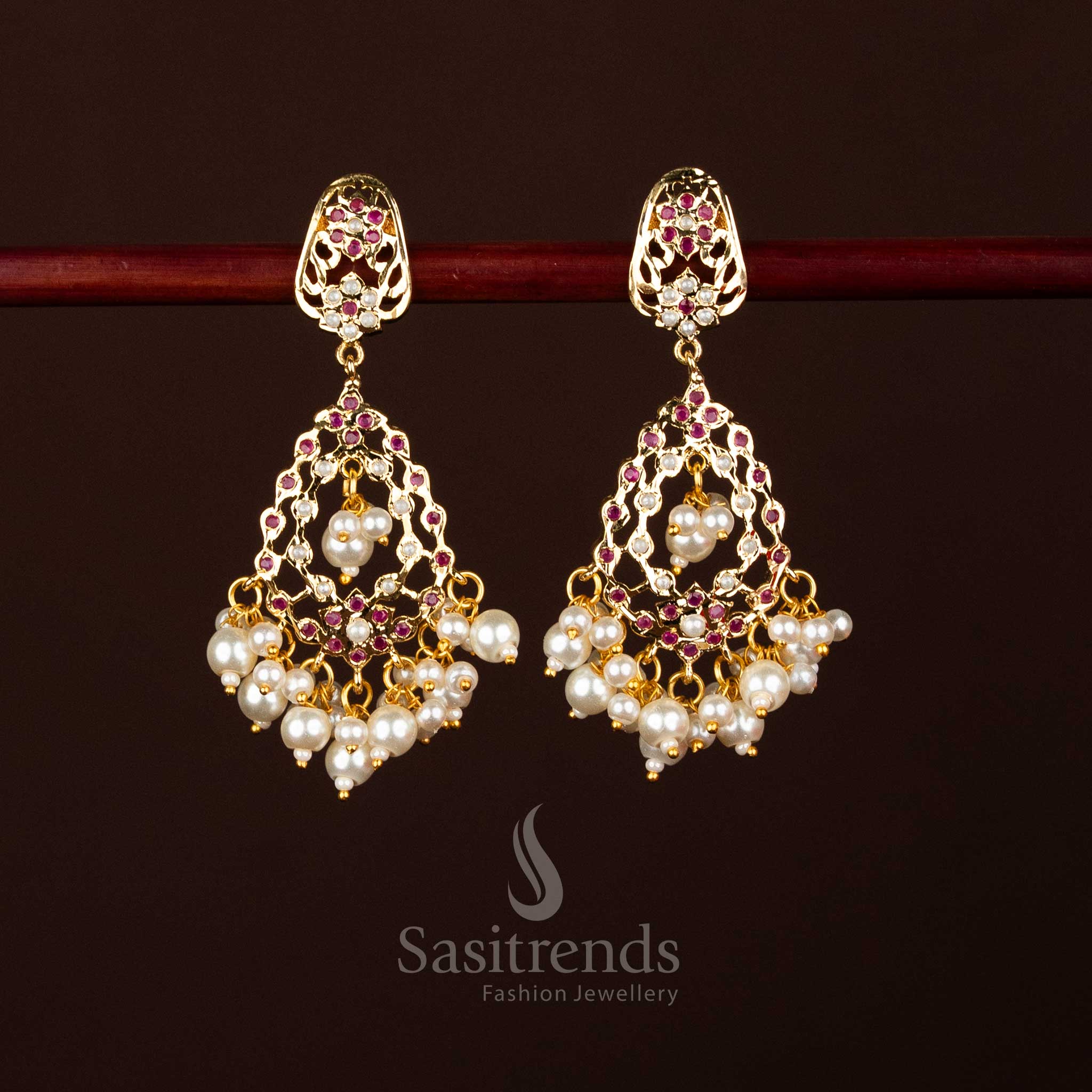 Radiant pearl ruby Jadau kite stud with inverted triangle dangler and pearl drops for special gatherings – Sasitrends