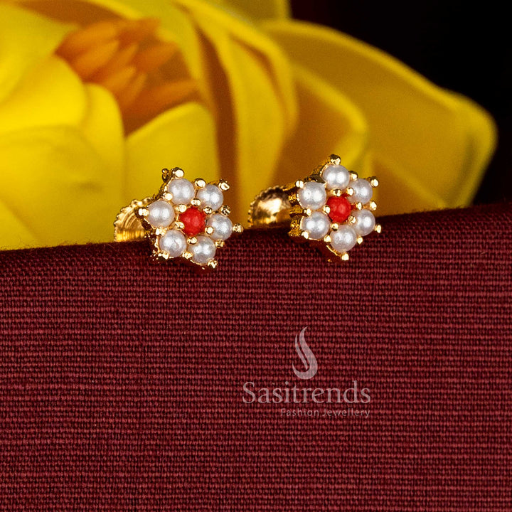 Radiant pearl-ruby one gram micro gold plated floral stud screw-type earrings with delicate detailing, suitable for traditional occasions, cultural events, and evening festive gatherings - Sasitrends