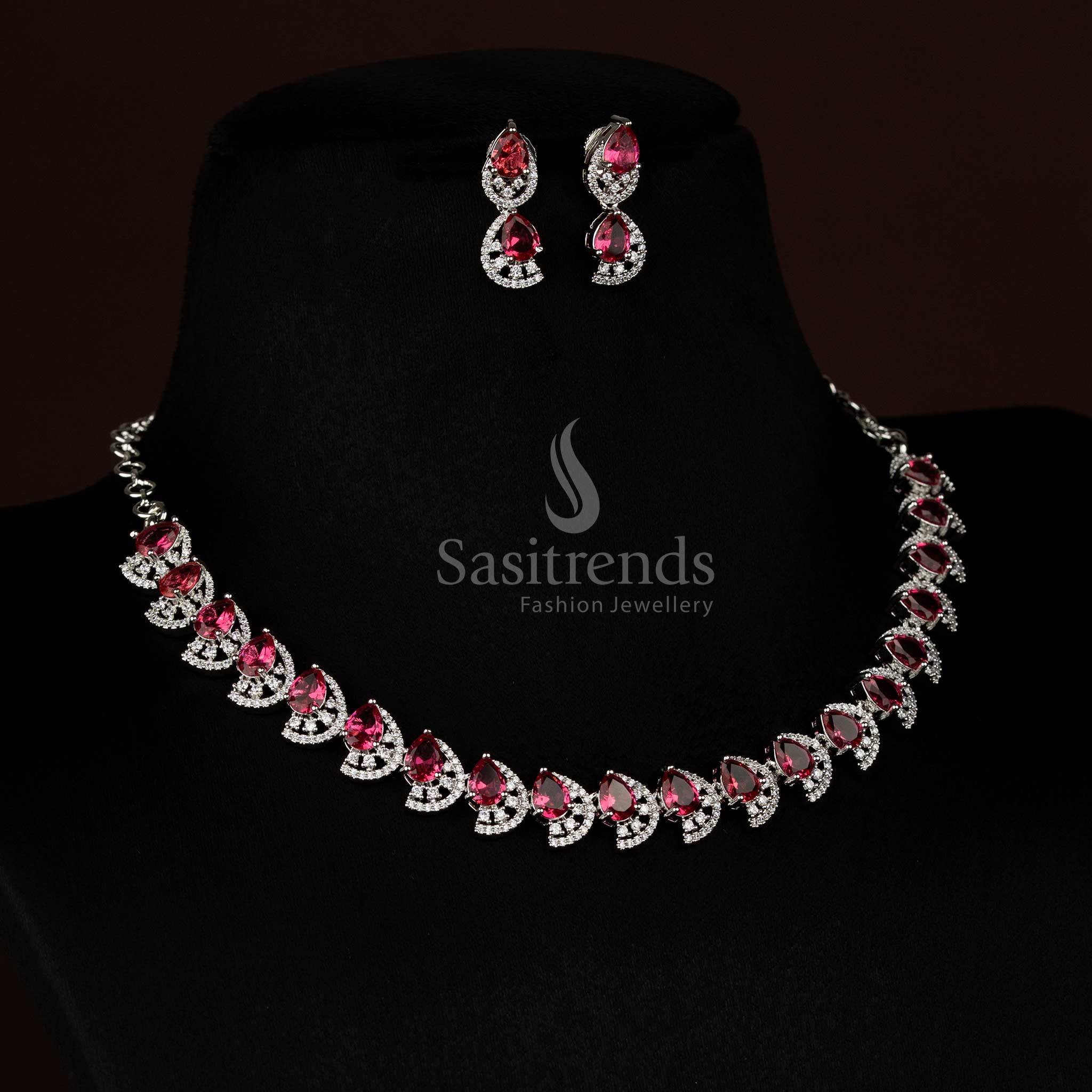 Chic red rhodium silver dual tone infinity pendant necklace set with shimmering AD accents - Sasitrends