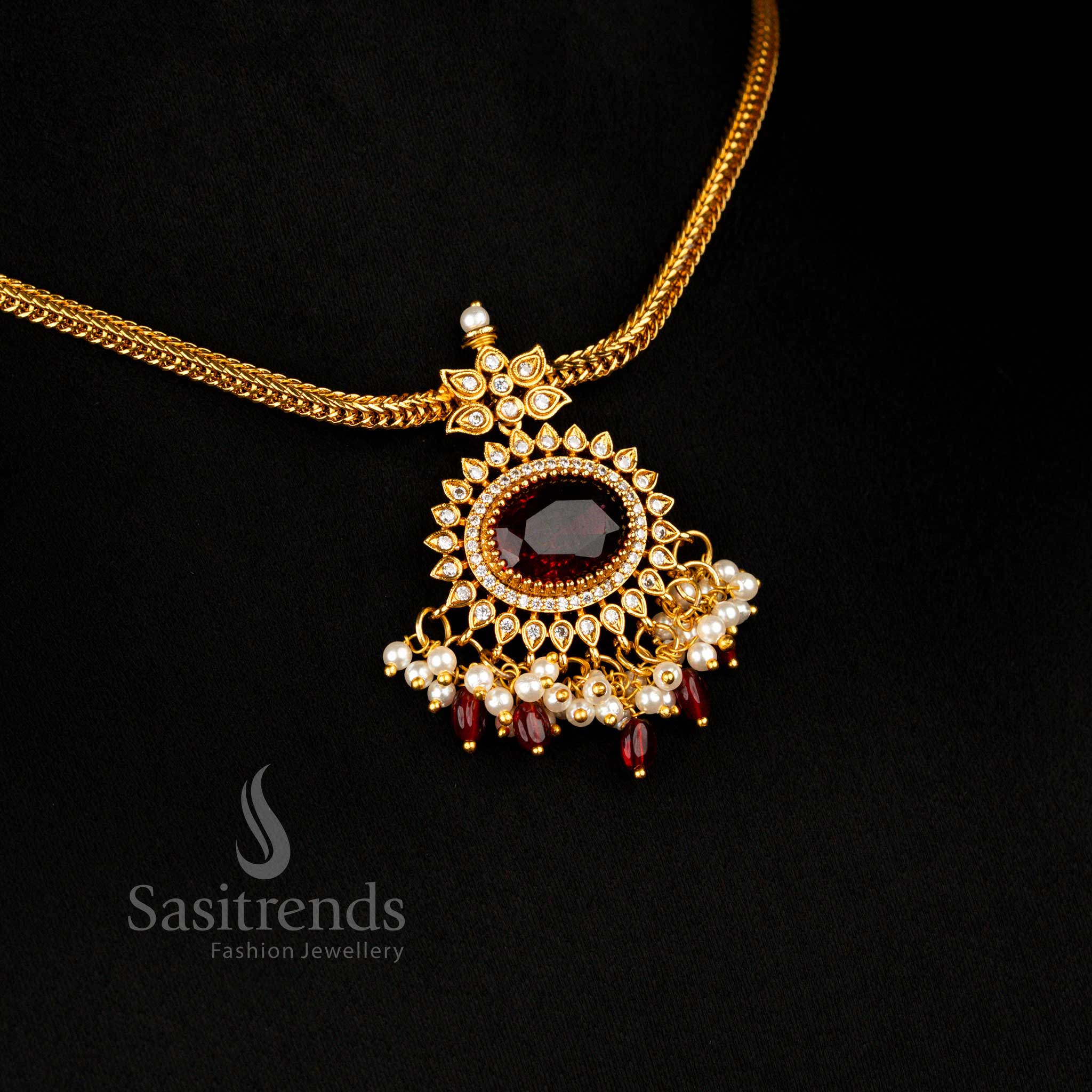 Elegant Matte Gold Plated Maroon Oval Pendant Necklace Set With Pearl And Stone Beads Perfect For Wedding And Festival Look - Sasitrends