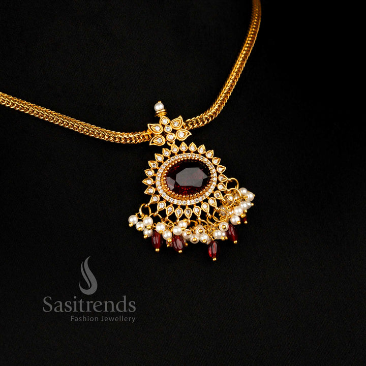 Elegant Matte Gold Plated Maroon Oval Pendant Necklace Set With Pearl And Stone Beads Perfect For Wedding And Festival Look - Sasitrends