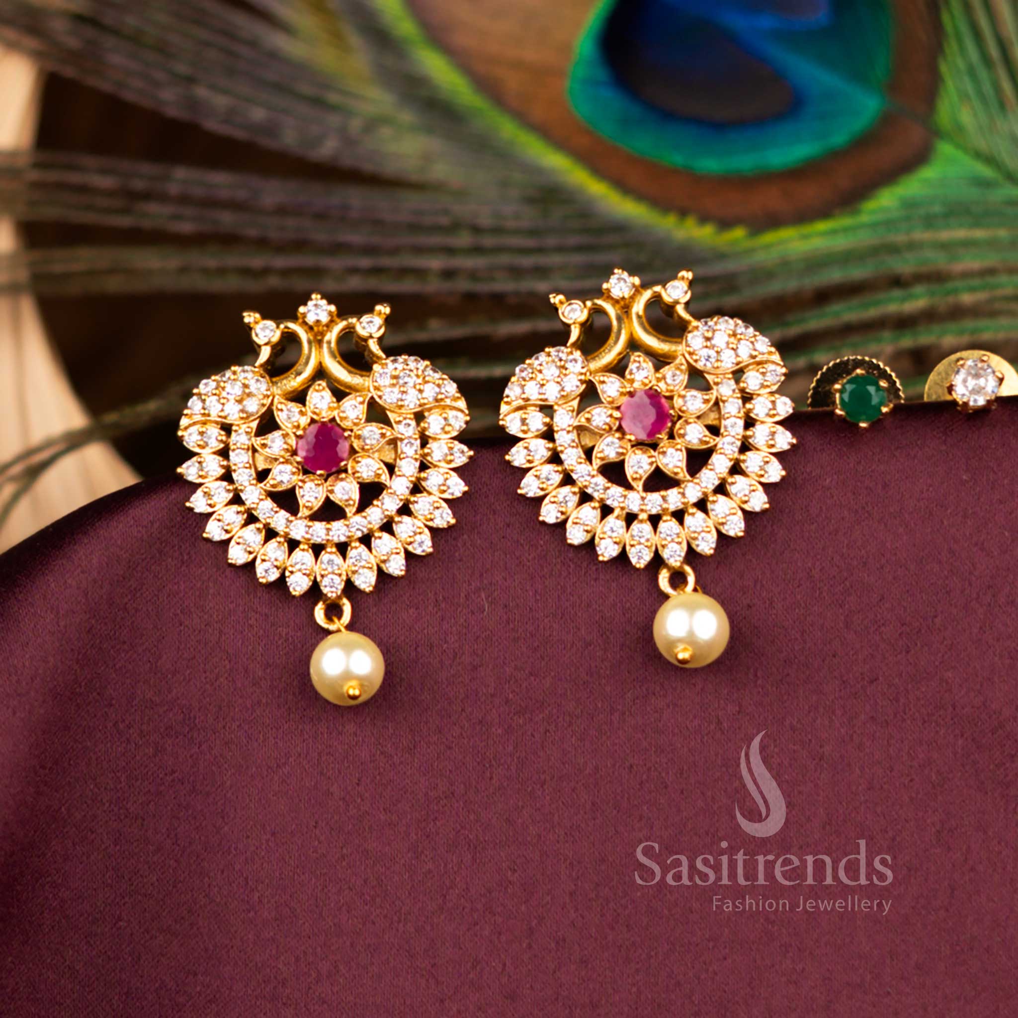 Elegant Matte Gold Plated Peacock Ruby Changeable Stone Earrings With American Diamond Design Created For Ceremonies And Occasions - Sasitrends