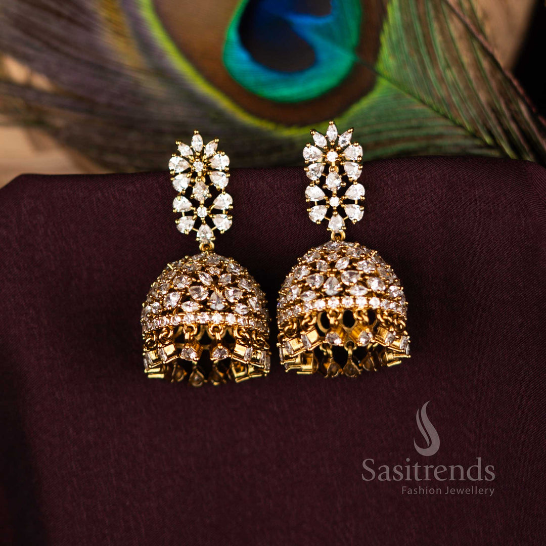 Sparkling American Diamond Victorian White Jhumka Earrings With Elegant Floral Dome Design Perfect For Wedding And Traditional Wear - Sasitrends