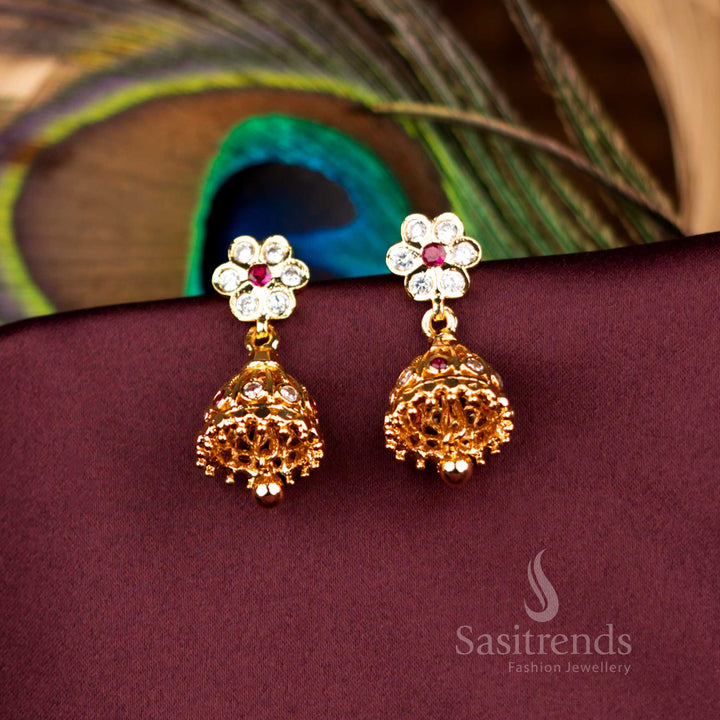 Elegant Handcrafted Micro Gold Plated Impon Floral Jhumka Dome With Bead Drops Perfect For Occasions And Traditional Look - Sasitrends
