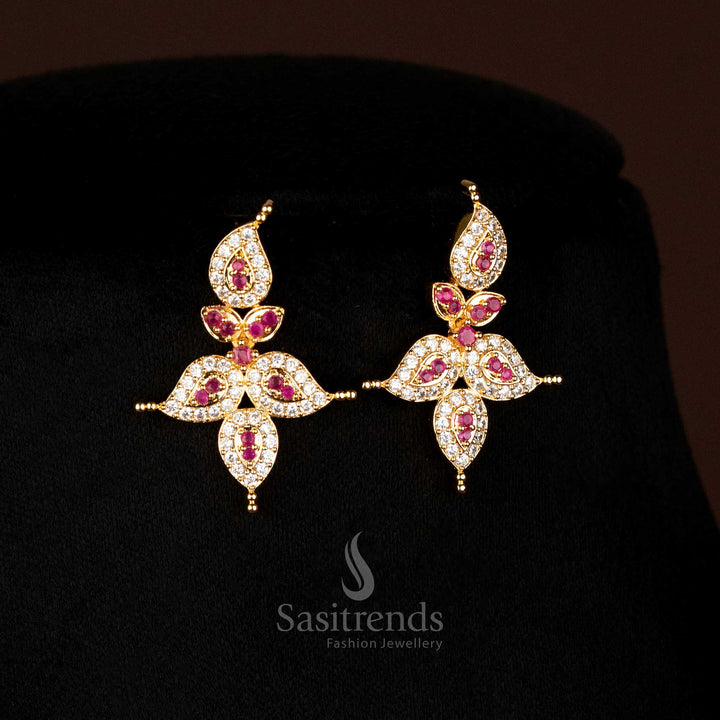 Splendid White Ruby American Diamond Micro Gold Plated Mango Motif Earrings Set With Intricate Designs And Glossy Finish - Sasitrends