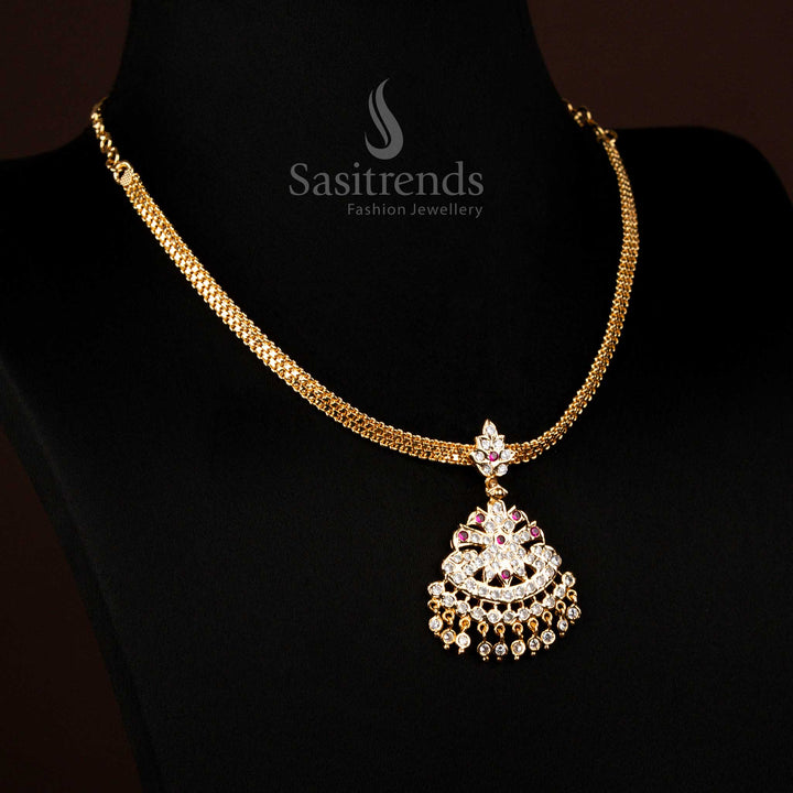 Elegant Micro Gold Plated Addigai Necklace with Floral Pendant & Stone Drop Danglers – Wedding & Festive Jewellery