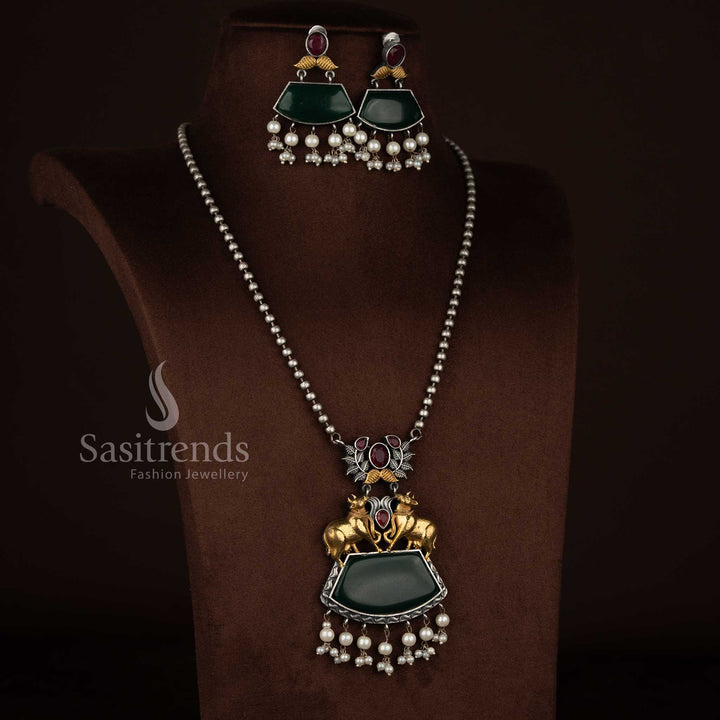 Antique Oxidised 92.5 Silver Plated Dual Tone Pichwai Kamadhenu Leaf Statement Necklace Set with Pearl Trapezoid Stones for temple festivals Sasitrends