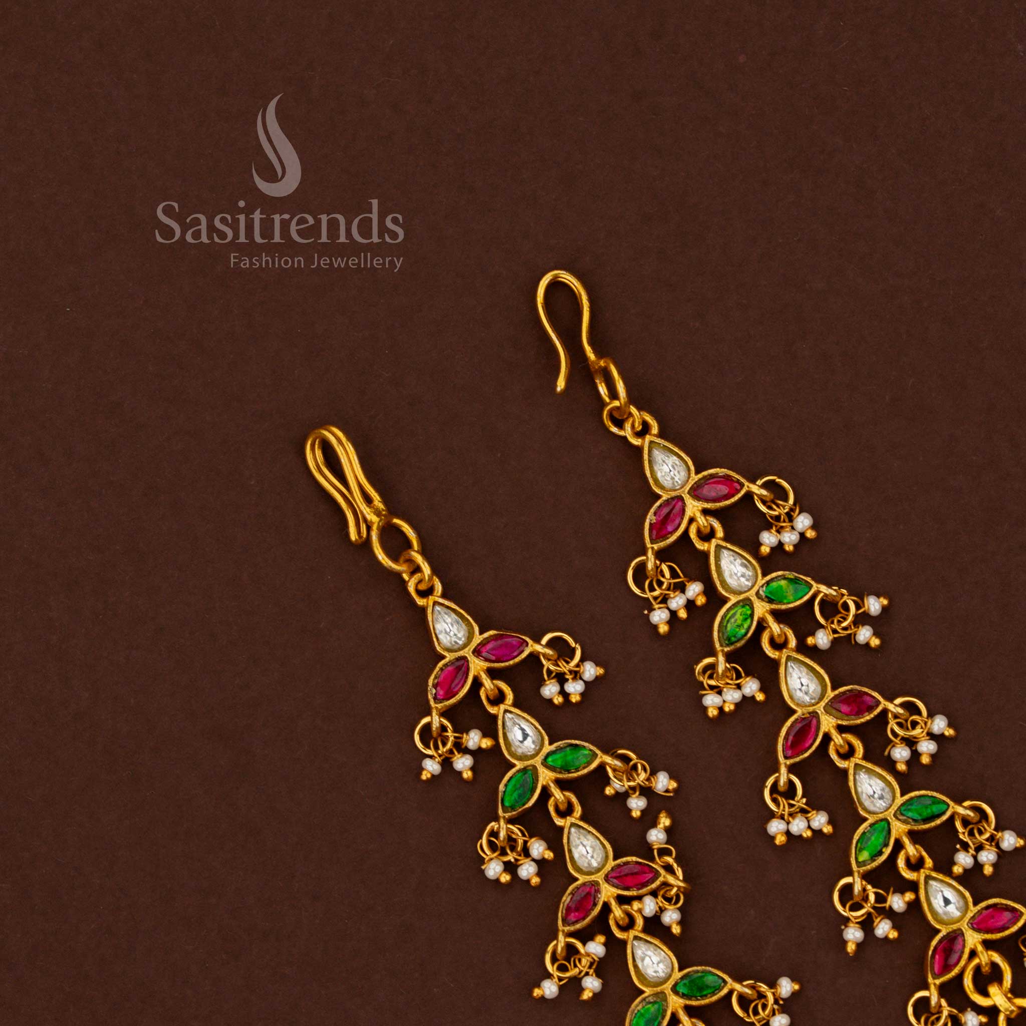 Splendid kundan branch design pearl drop matil with multicolour stones perfect for muhurtham and festive gatherings – Sasitrends