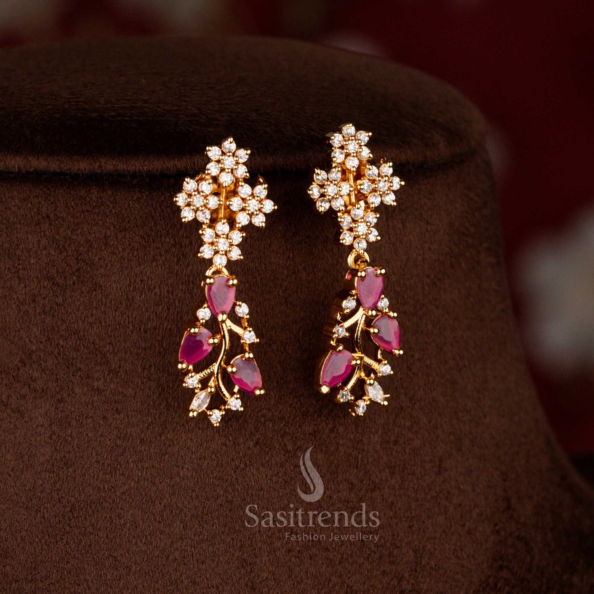 Elegant micro gold American diamond vine earrings in white ruby finish perfect for festive celebrations – Sasitrends