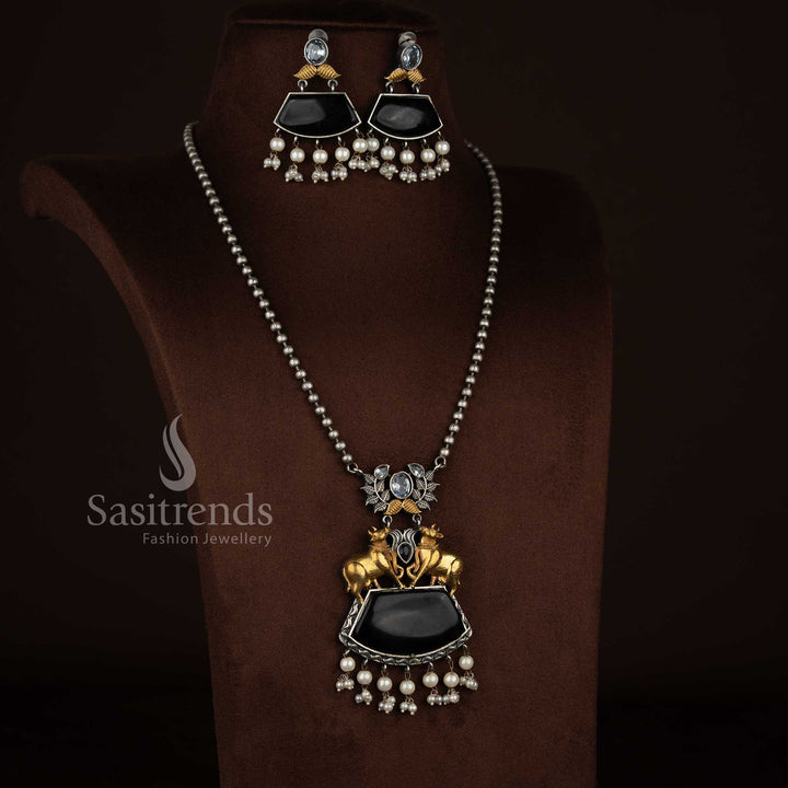 Divine Antique Oxidised 92.5 Silver Plated Dual Tone Pichwai Kamadhenu Leaf Statement Necklace Set with Pearl Pendant Bead Chain for cultural festivals Sasitrends