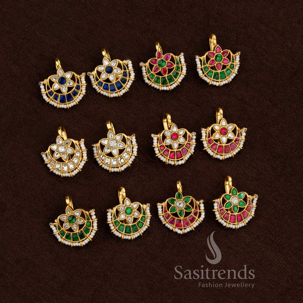 Jadau floral crescent bugadi earrings with kundan AD pearls for rituals - Sasitrends
