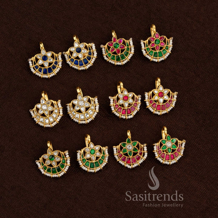 Jadau floral crescent bugadi earrings with kundan AD pearls for rituals - Sasitrends