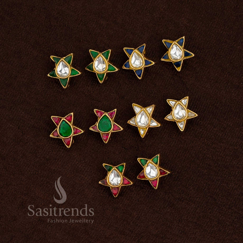 Elegant 24K jadau gold plated star design teardrop bugadi earrings with kundan stones - Sasitrends