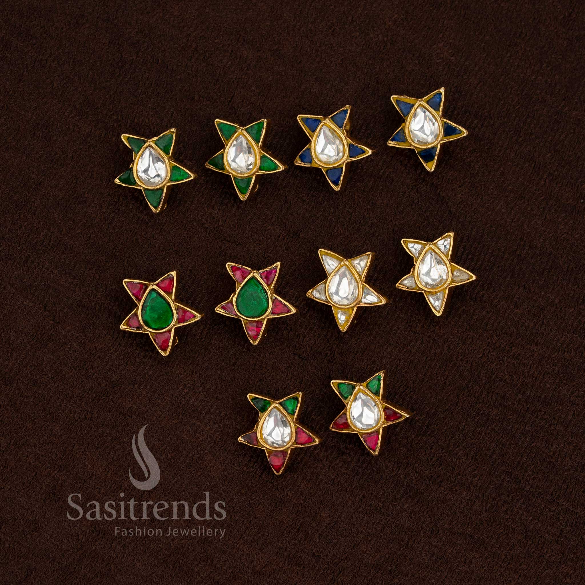 Elegant 24K jadau gold plated star design teardrop bugadi earrings with kundan stones - Sasitrends