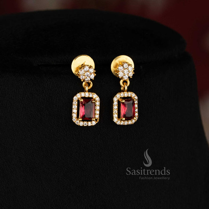 Classic American diamond invisible matte gold plated floral earrings adorned with rectangular stones, elegant jewellery for celebrations and cultural occasions - Sasitrends