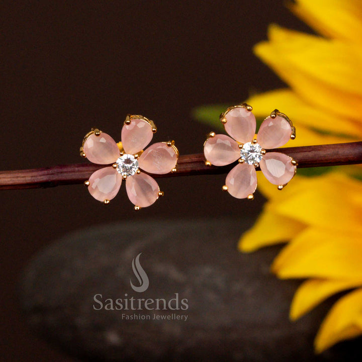 Beautiful Baby Pink American Diamond Earrings Showcasing Floral Designs And Sparkling Solitaires – Jewellery That Adds A Pop Of Colour To Ethnic Ensembles – Sasitrends