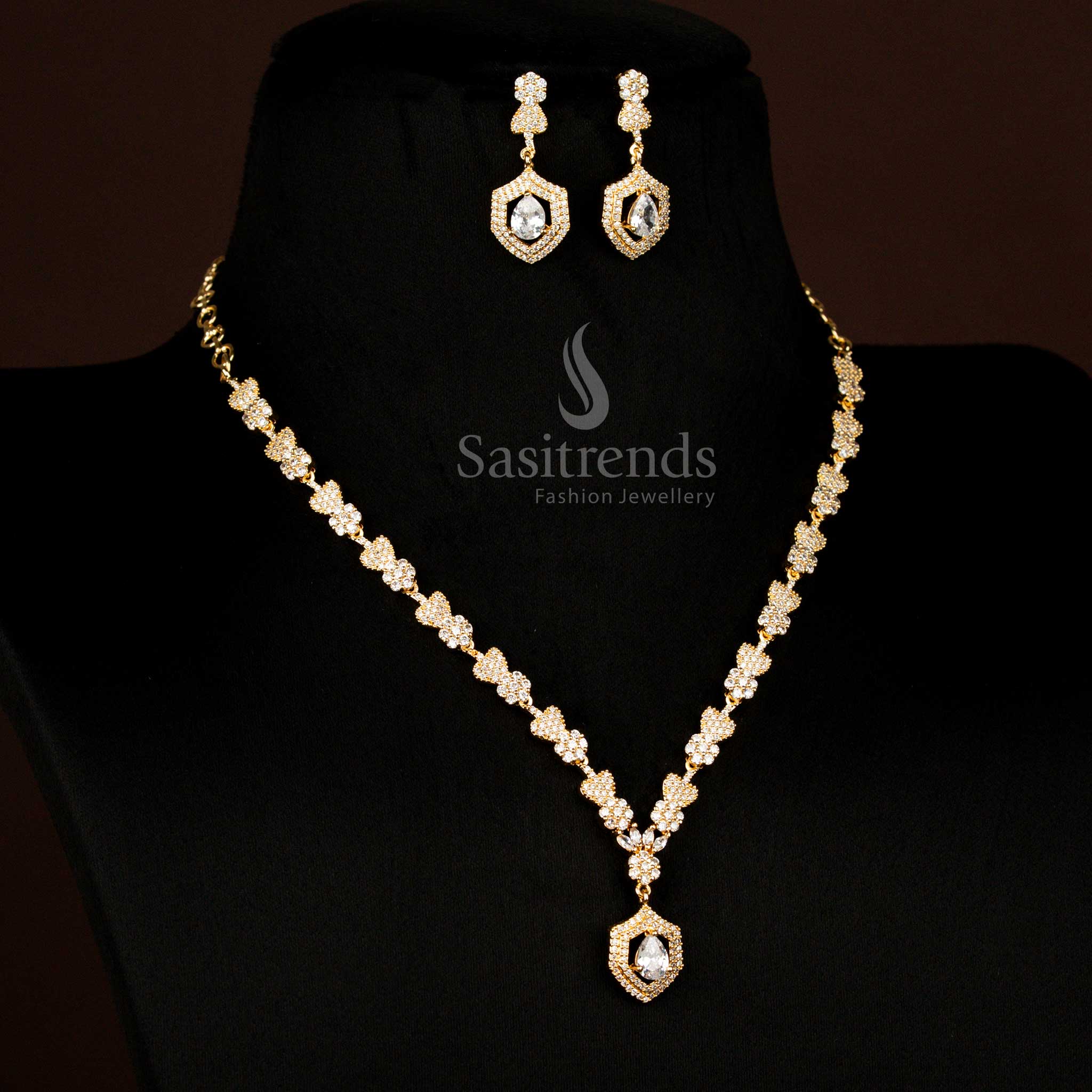 Radiant American Diamond gold plated heart and floral white necklace with teardrop pendant crafted for wedding and party occasions – Sasitrends