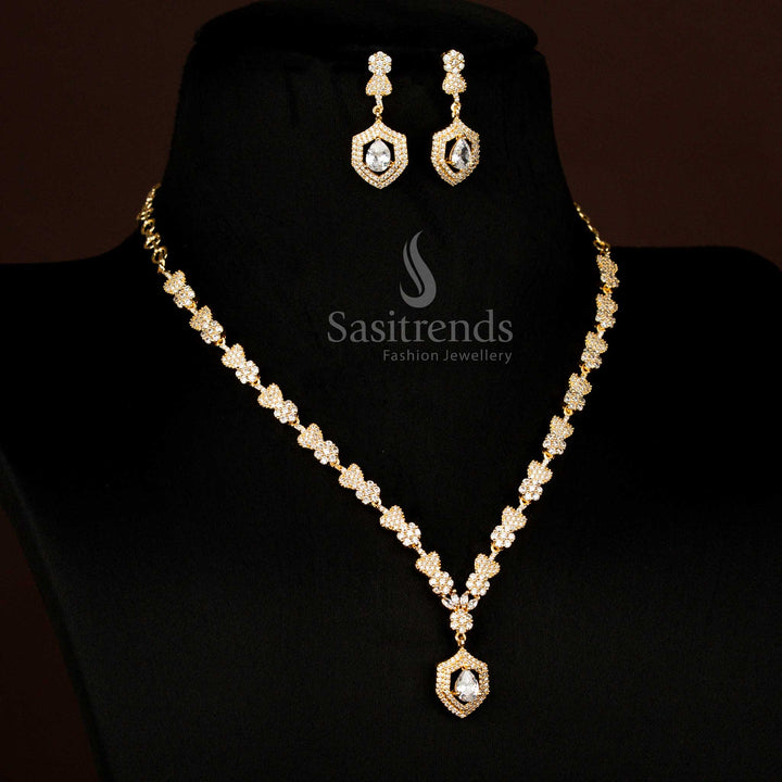 Radiant American Diamond gold plated heart and floral white necklace with teardrop pendant crafted for wedding and party occasions – Sasitrends
