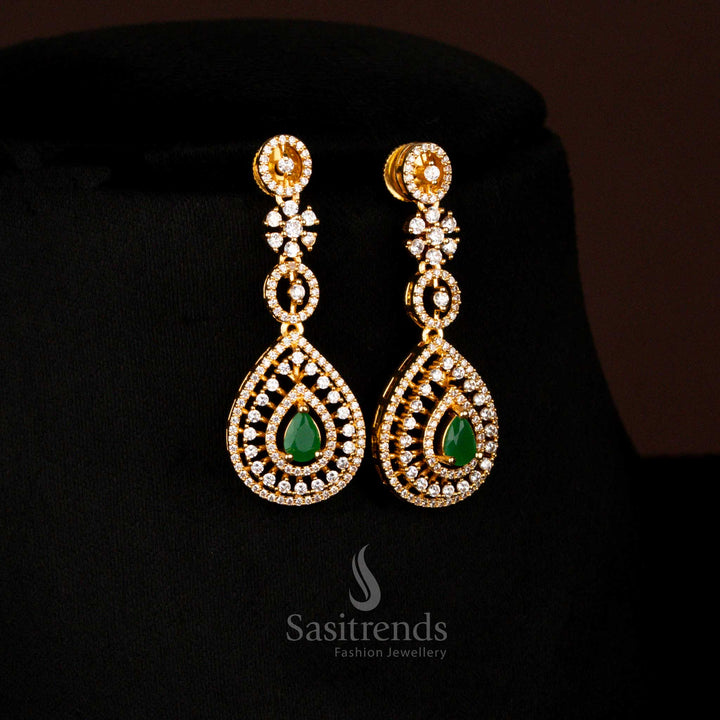 Trendy American Diamond gold plated teardrop green earrings crafted for party chic and stylish gatherings – Sasitrends