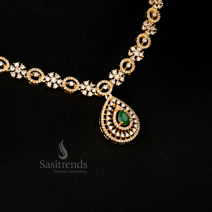 Glam American Diamond gold plated teardrop short green necklace jewellery set designed for festive look and stylish gatherings – Sasitrends
