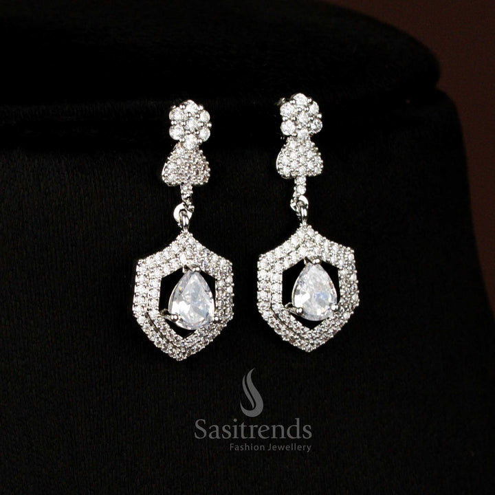 Elegant American Diamond rhodium silver plated heart and floral white earrings with teardrop pendant perfect for party wear and festive charm – Sasitrends